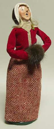 Traditional Assorted Carolers Woman With Muff-Burgundy Tan Trim - No Box