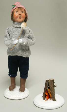 Winter Outdoor Activities Boy Roasting Marshmallows-Grey - No Box