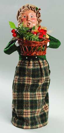 Traditional Assorted Carolers Woman In Green Coat With Basket - No Box