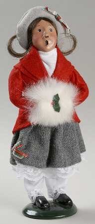 Traditional Assorted Carolers Girl With Muff-Red Coat Grey Skirt - No Box