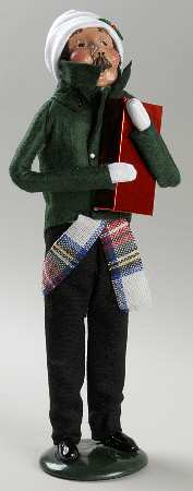 Traditional Assorted Carolers Mustache Man With Gift-Green Coat - No Box