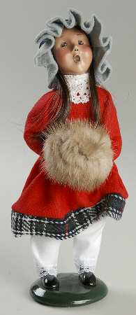 Traditional Assorted Carolers Girl With Muff-Red Dress Lace Collar - No Box