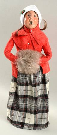 Traditional Assorted Carolers Woman With Muff-Red Coat Grey Plaid - No Box