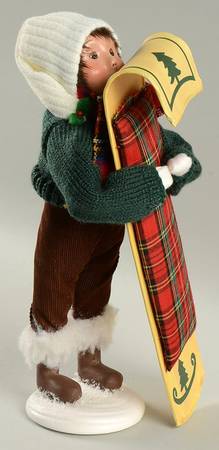 Winter Outdoor Activities Boy With Toboggan-Green Sweater - No Box