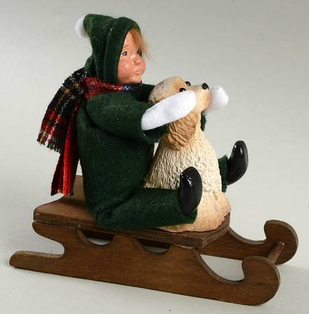 Winter Outdoor Activities Toddler On Sled With Dog-Green - No Box