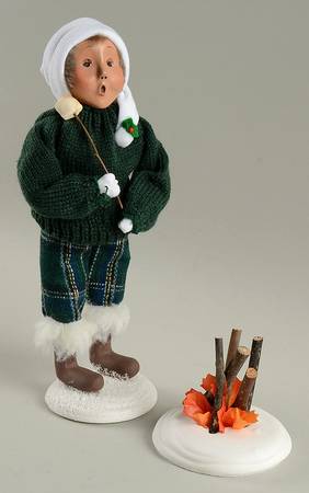 Winter Outdoor Activities Boy Roasting Marshmallow-Green - No Box