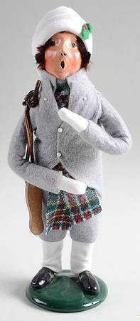 Winter Outdoor Activities Boy With Skates-Grey Coat Plaid Scarf - No Box