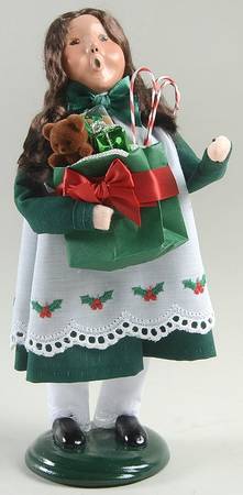 Traditional Assorted Carolers Girl With Gift Bag-Green Dress - No Box Nb1169