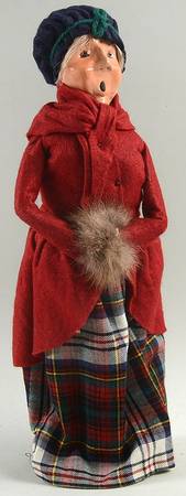 Traditional Assorted Carolers Woman In Plaid Skirt With Burgundy Coat - No Box