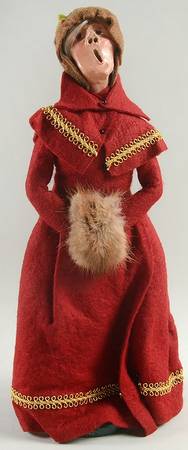 Traditional Assorted Carolers Woman With Muff Red Coat-Gold Trim - No Box