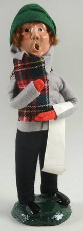 Traditional Assorted Carolers Boy With Music-Grey Coat Green Hat - No Box
