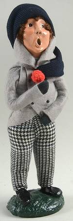 Traditional Assorted Carolers Boy In Grey Coat With Dark Blue Hat - No Box