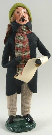 Traditional Assorted Carolers Man With Music-Black Coat Green Hat - No Box