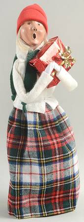 Traditional Assorted Carolers Woman Wiht Gift-White Coat/Plaid Skirt - No Box Nb1307