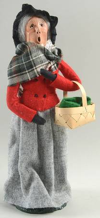 Traditional Assorted Carolers Woman With Basket-Red Coat/Grey Skirt - No Box Nb1297