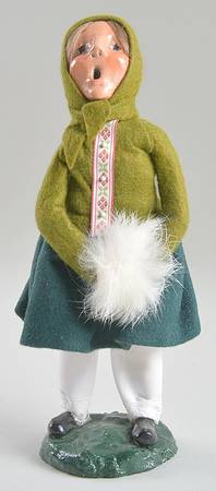 Traditional Assorted Carolers Girl With Muff-Olive Green Coat - No Box