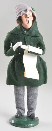 Traditional Assorted Carolers Man With Music-Green Coat-Grey Hat - No Box