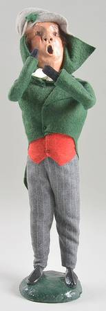 Traditional Assorted Carolers Man In Green Coat With Red Vest-Grey Hat - No Box