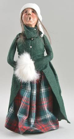 Traditional Assorted Carolers Woman With Muff-Green Coat Plaid Skirt - No Box
