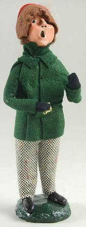 Traditional Assorted Carolers Boy In Green Coat With Belt-Brown Cap - No Box