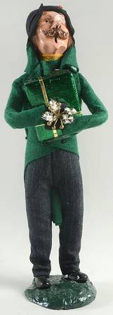 Traditional Assorted Carolers Mustache Man With Gift-Green Coat - No Box
