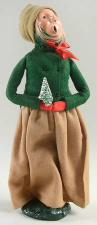 Traditional Assorted Carolers Woman With Tree-Green Coat Brown Skirt - No Box