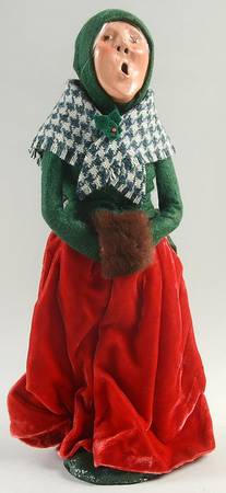 Traditional Assorted Carolers Woman With Muff-Green Coat Red Velvet Sk - No Box