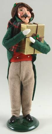 Traditional Assorted Carolers Mustache Man With Gift-Green Coat - Nb1371, No Box