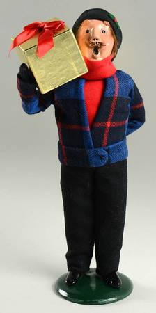 Traditional Assorted Carolers Mustache Man With Gift- Blue Plaid Coat - No Box Nb1451