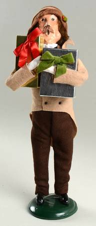 Traditional Assorted Carolers Mustache Man With Gift Boxes-Tan Coat - No Box Nb1445