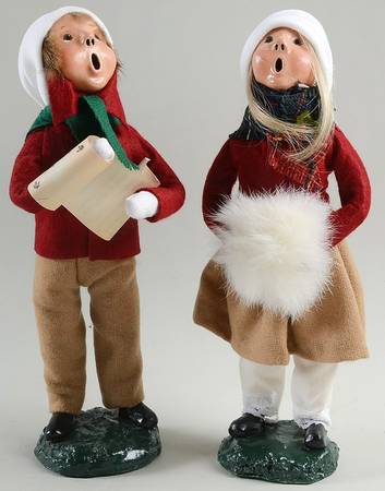 Traditional Assorted Carolers Boy And Girl-Brown Pants-Burgundy Coat - No Box