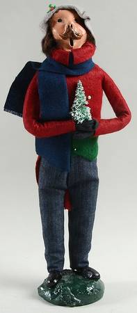 Traditional Assorted Carolers Man With Tree-Burgundy Coat - No Box