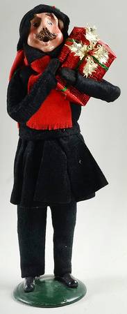 Traditional Assorted Carolers Mustache Man With Gift-Black Coat - No Box