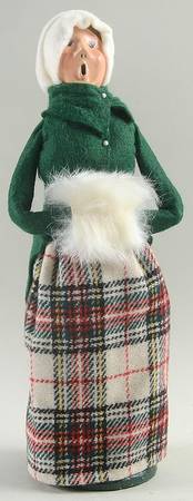 Traditional Assorted Carolers Woman With Muff-White Plaid Skirt-Green - No Box