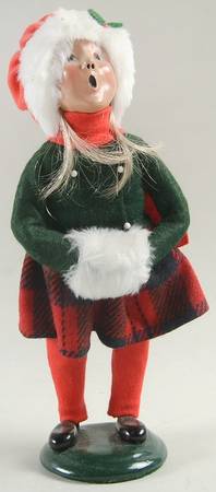 Traditional Assorted Carolers Girl With Muff-Green Coat-Red Stockings - No Box