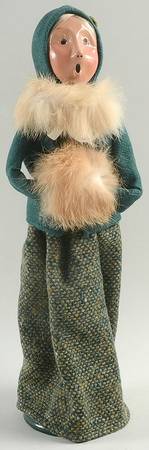 Traditional Assorted Carolers Woman With Muff-Green Fur Collar - No Box