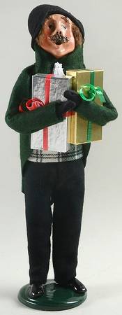 Traditional Assorted Carolers Mustache Man With Gifts-Green Coat - No Box