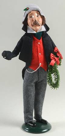 Traditional Assorted Carolers Mustache Man With Garland-Black Coat - No Box Nb1488