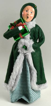Traditional Assorted Carolers Woman With Gift-Long Green Fur Trimmed  - Nb715, No Box