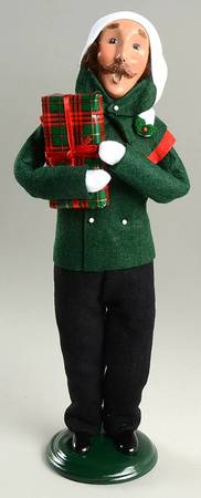 Traditional Assorted Carolers Mustache Man With Gift-Green Coat - Nb821, No Box