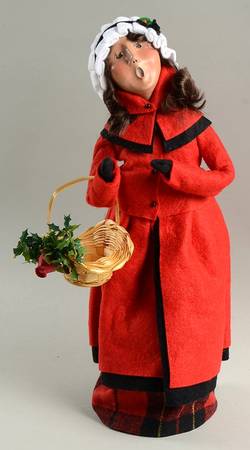 Traditional Assorted Carolers Woman In Long Red Coat With Holly Basket - Nb810, No Box