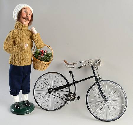 Traditional Assorted Carolers Man With Bicycle And Basket-Brown Sweate - No Box