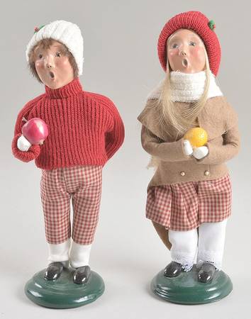 Traditional Assorted Carolers Boy And Girl With Fruit-Brown Plaid - No Box
