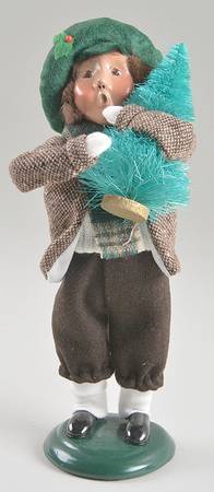 Traditional Assorted Carolers Boy With Tree-Brown Plaid Coat - No Box