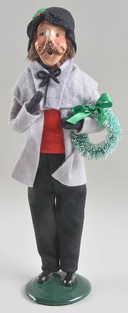 Traditional Assorted Carolers Mustache Man With Wreath- Grey Coat - No Box