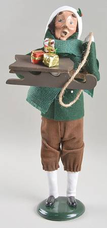 Traditional Assorted Carolers Man With Sled Of Gifts-Green Coat - No Box