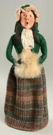 Traditional Assorted Carolers Woman With Muff-Green Coat-Brown Plaid  - No Box