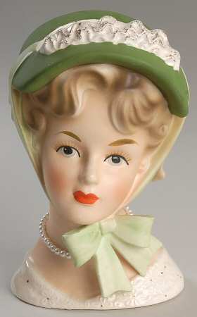 Brinn's Head Vases Lady W/ Green Hat & Bow - No Box