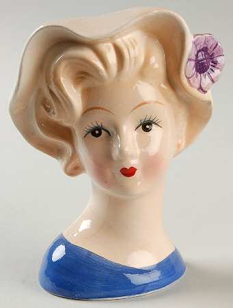 Brinn's Head Vases Lady Blue Dress Purple Flower - No Box