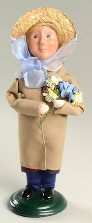 Thanksgiving & Harvest Carolers Girl In Long Coat With Flower Bouquet - No Box